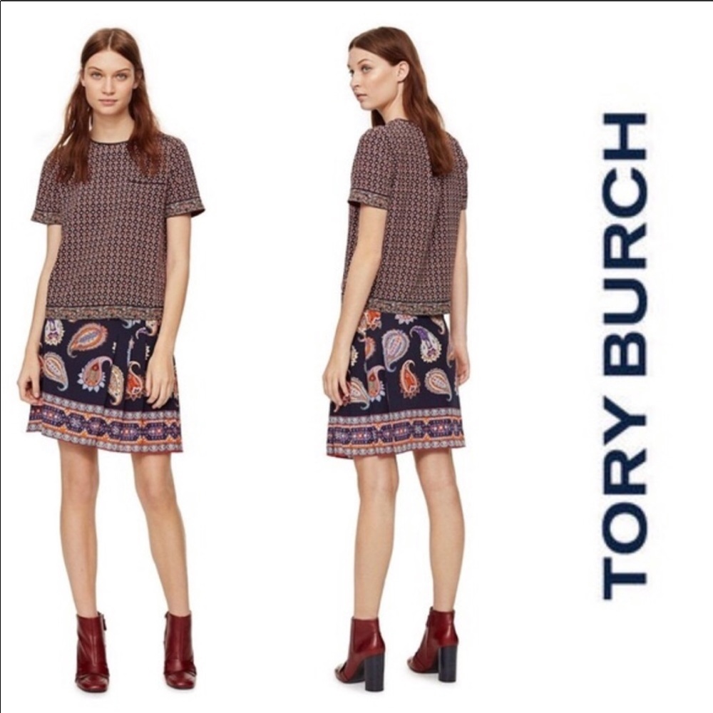 Tory Burch Navy Paisley Dapper Pleated Skirt